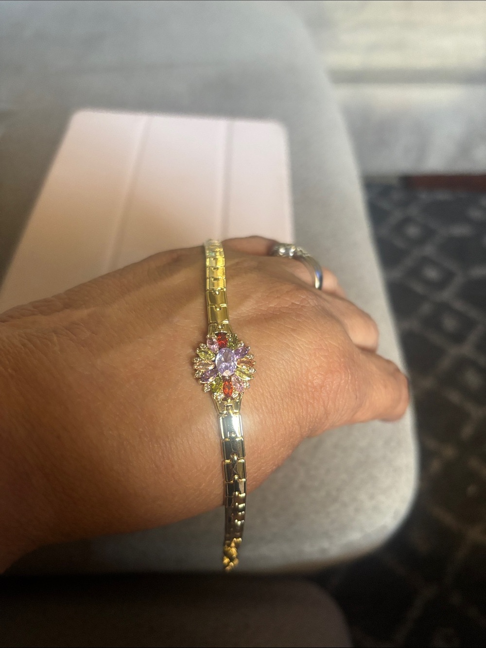 Gold-Tone Multi-Gem Floral Bracelet - Women Jewelry. Laminated Gold.